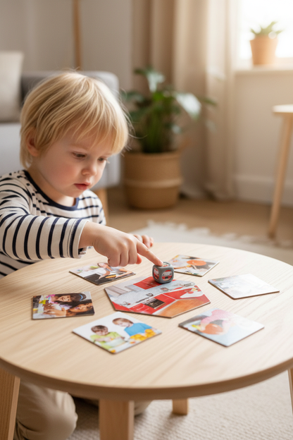 Jogo Divisões da Casa — UGC criança a jogar com cartões 12x12cm e dado 2,2cm