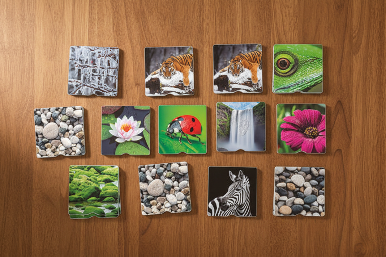 Maxi-Memória Tátil da Natureza — lifestyle pares de cartas maxi na mesa de madeira
