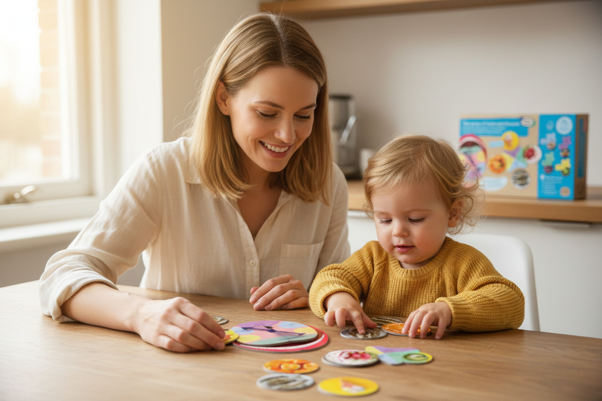 Mãe e filho na cozinha a jogar com cartões de sabores e roleta