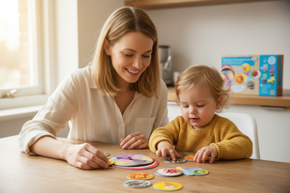 Mãe e filho na cozinha a jogar com cartões de sabores e roleta