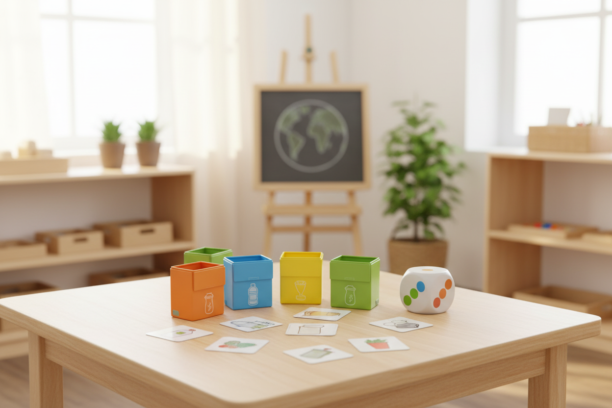 Jogo Separar e Reciclar Akros — Lifestyle mesa Montessori com recipientes