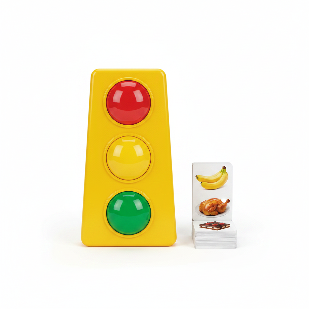 Jogo O Semáforo da Alimentação — packshot semáforo e cartões fundo branco