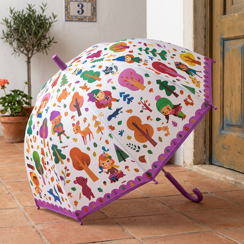  guarda-chuva infantil Djeco Floresta, com cobertura opaca e detalhes roxos, aberto junto à entrada de casa.
