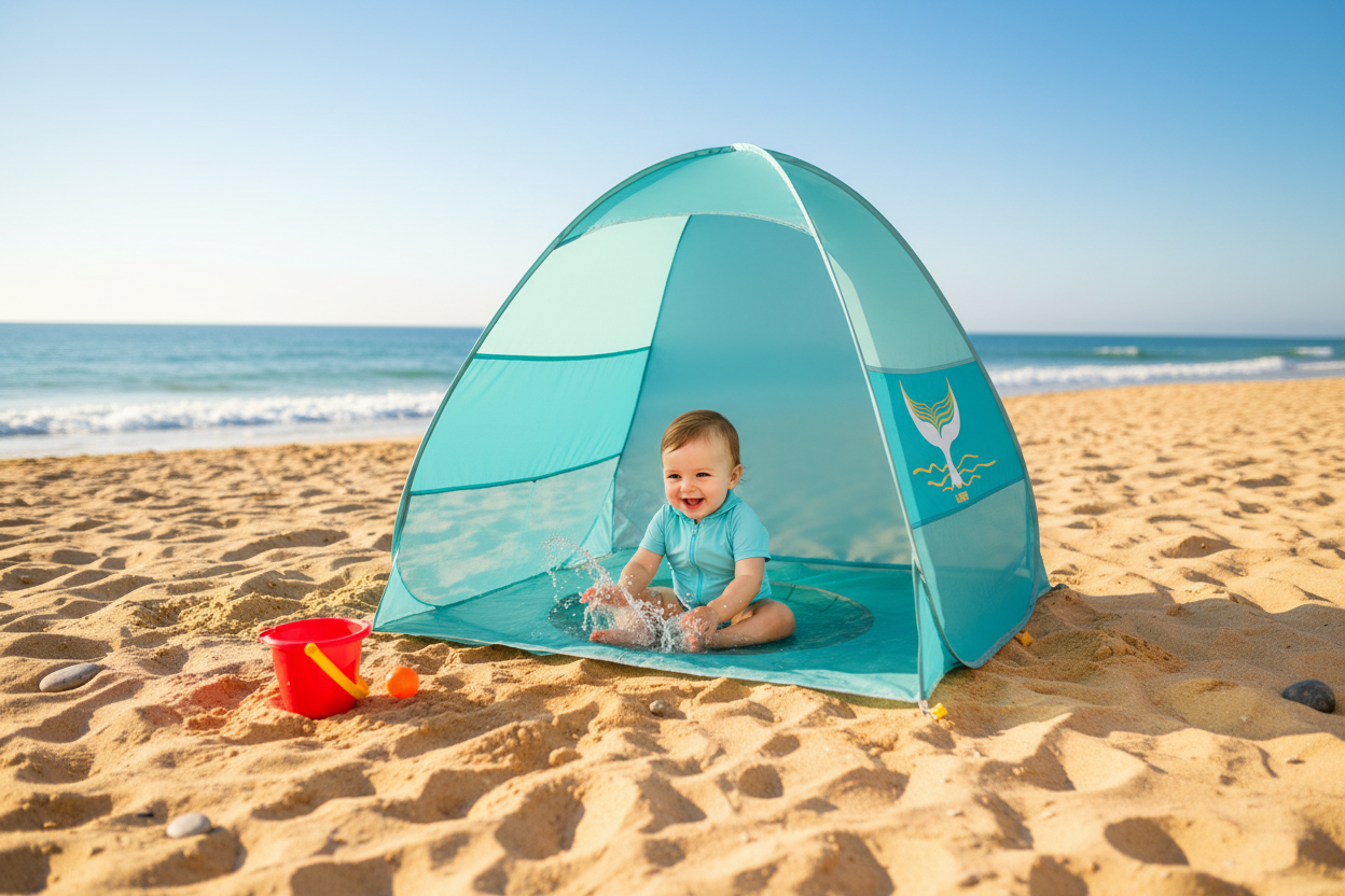 Lifestyle - tenda Ludi na praia com bebé a chapinhar na piscina integrada