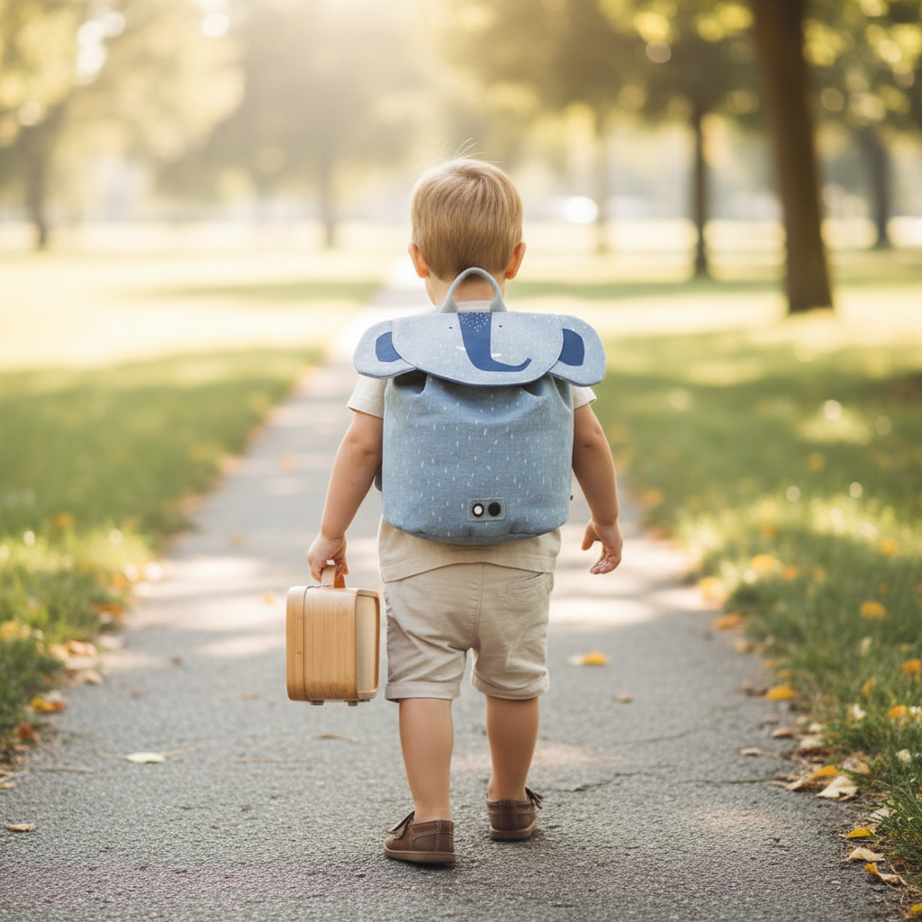 Mochila Mini Elefante — lifestyle criança a caminho da creche