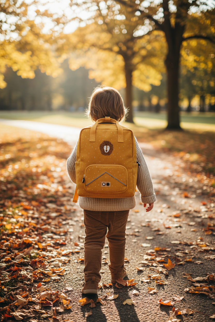 Lifestyle - criança a usar a mochila Mr Lion num parque outonal