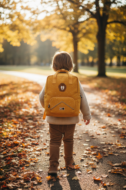 Lifestyle - criança a usar a mochila Mr Lion num parque outonal