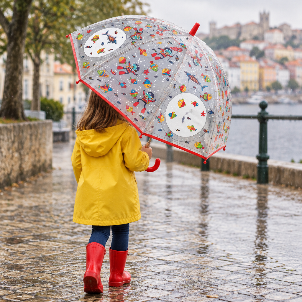 Criança a usar o guarda-chuva infantil Debaixo de Água da Djeco num passeio à chuva