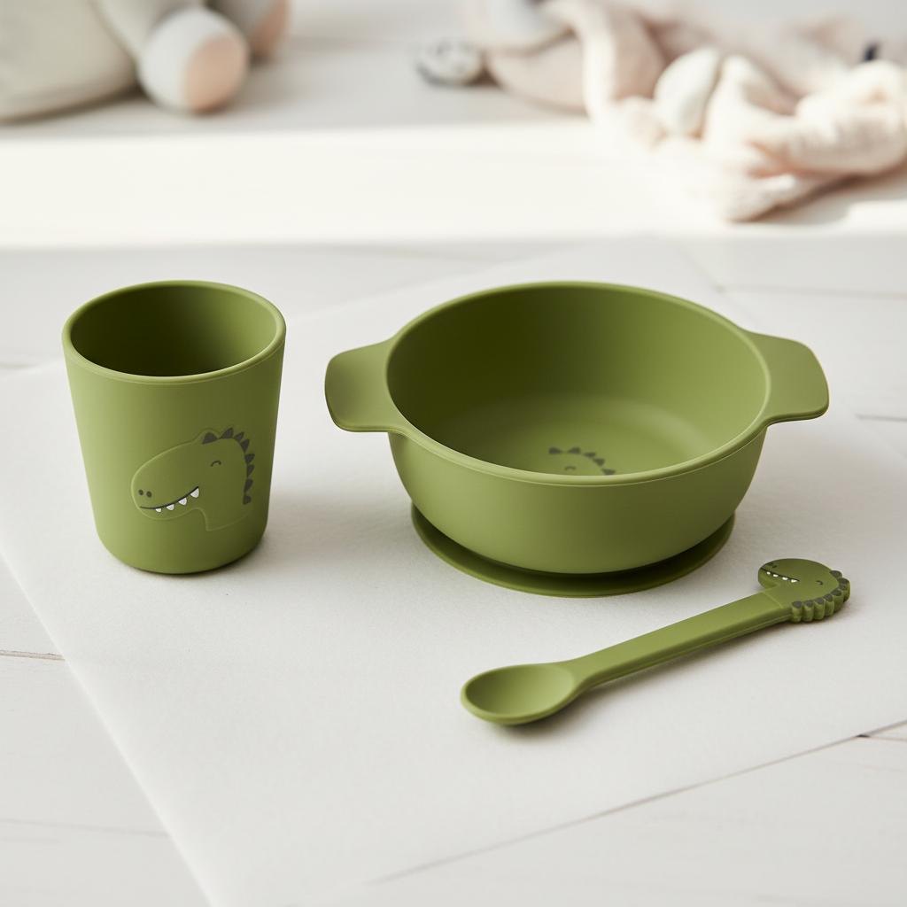 Conjunto Refeição Mr. Dino Trixie — Contexto flat lay detalhe silicone