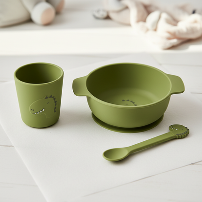 Conjunto Refeição Mr. Dino Trixie — Contexto flat lay detalhe silicone