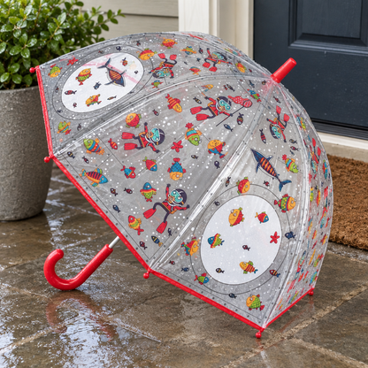 Guarda-chuva Debaixo de Água da Djeco à entrada de casa, em imagem gerada de estilo quotidiano