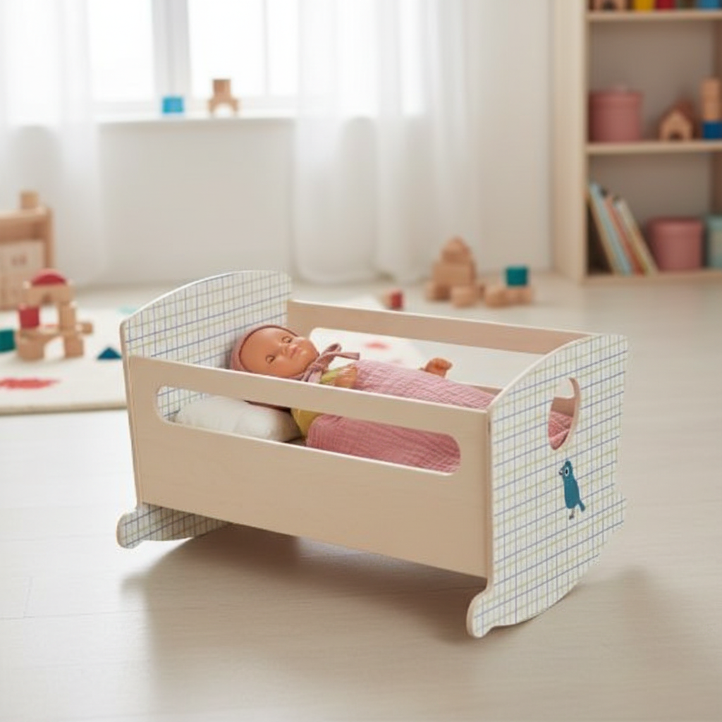 Cama Baloiço Noite Azul Djeco — Contexto detalhe madeira e roupa rosa
