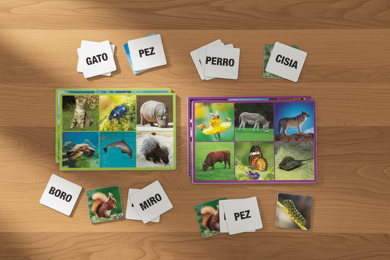Loto dos Animais — lifestyle tabuleiros e fichas na mesa de madeira