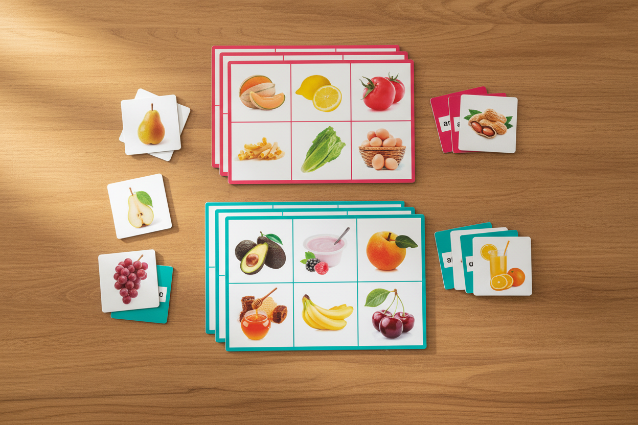Loto dos Alimentos — lifestyle tabuleiros e fichas de alimentos na mesa de madeira