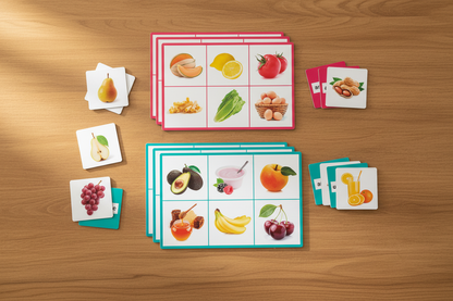Loto dos Alimentos — lifestyle tabuleiros e fichas de alimentos na mesa de madeira