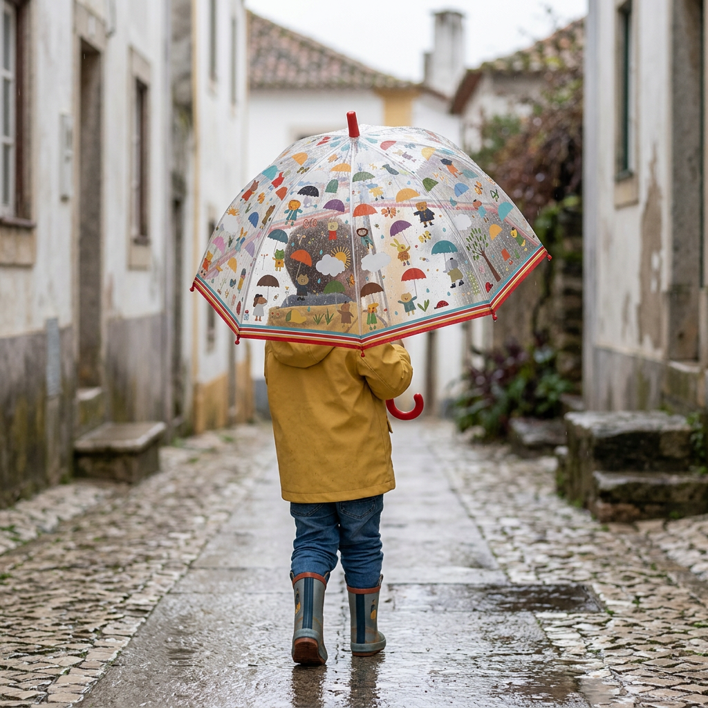  uma criança à chuva com o guarda-chuva infantil Djeco Under the Rain.