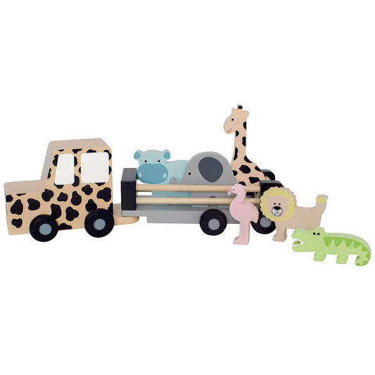Jipe safari de madeira com reboque e figuras de hipopótamo, elefante, girafa, flamingo, leão e crocodilo sobre fundo branco.