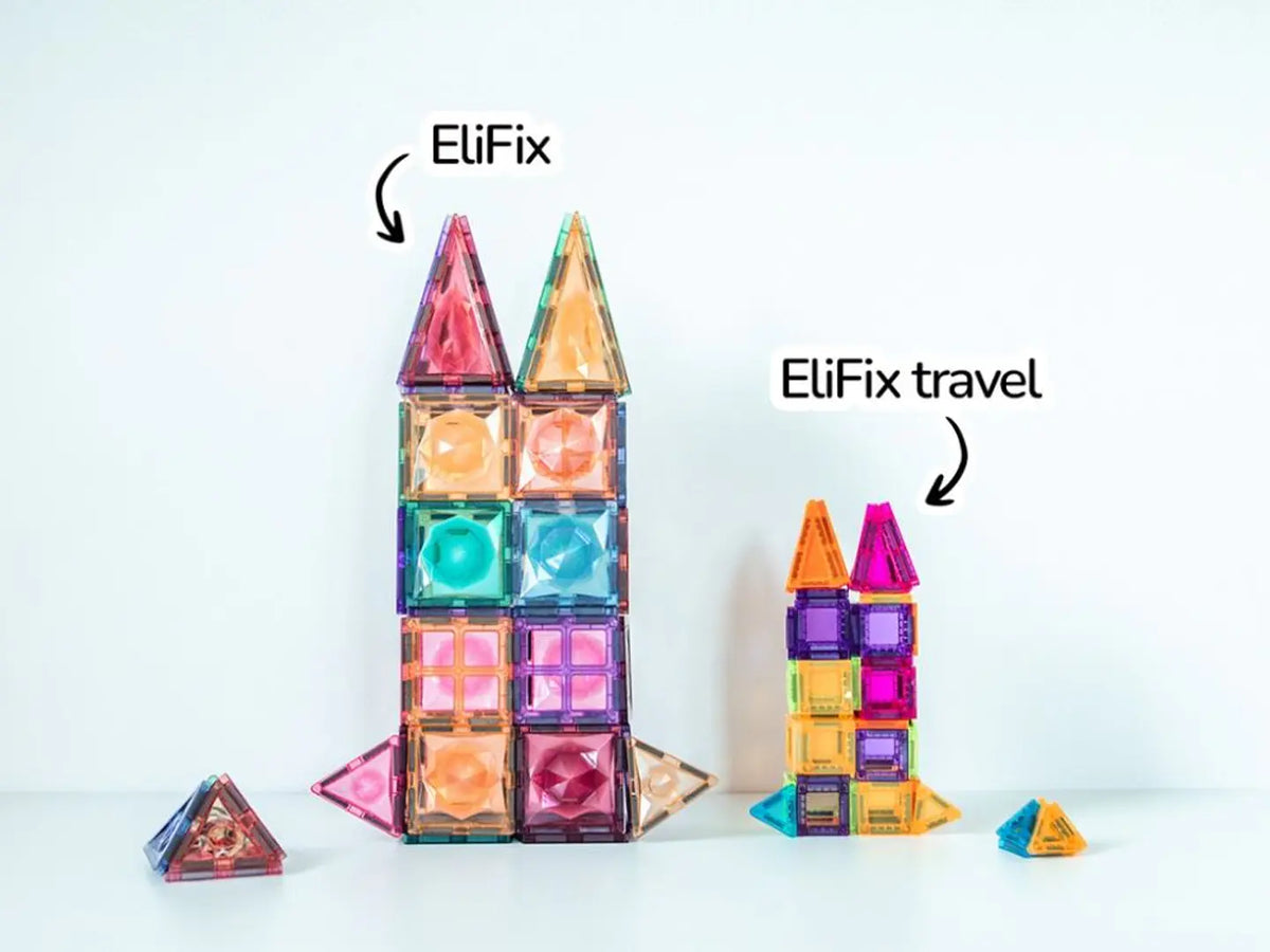 Estruturas de diferentes formas criadas com peças magnéticas eliFIX Travel.